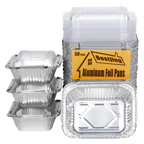 Bestjing 50 Pack Small 8 OZ/230ML Capacity Disposable Takeout Foil Pans with Clear Plastic Lids - Aluminum Foil Food Containers with Strong Seal for Catering Party Meal Prep Freezer BBQ Potluck