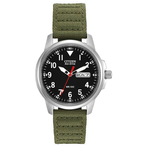 Citizen Men's Eco-Drive Weekender Garrison Field Watch in Stainless Steel with Olive Nylon Strap, Black Dial (Model: BM8180-03E)
