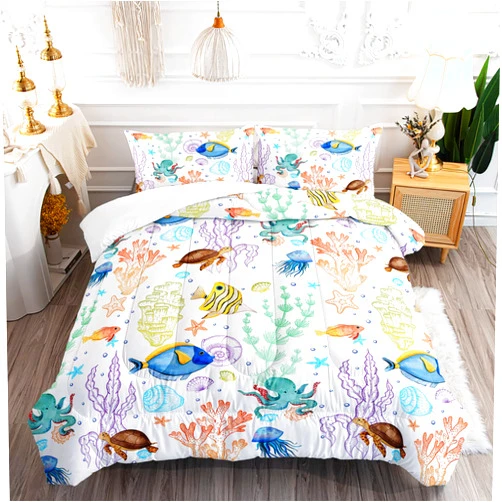 XYNHML Turtle Comforter Set Twin Ocean Watercolor Sea Turtle Bedding Set Tropical Fish Marine Life Bed Set with 2 Pillowcases for Kids Room Decor