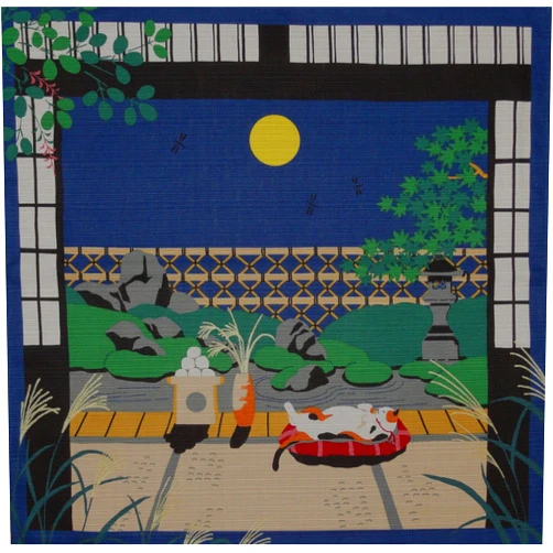 MARUZEN Furoshiki Cat and Autumn Moon Motif Japanese Fabric 50cm