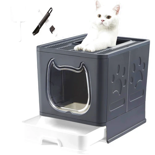 Gefryco Litter Box with Lid for Small to Medium Cats, Enclosed Cat Litter Box with Cover，High Sided Top Entry Cat Box with Brush and Scoop, Cute Kitty Litter Pan with Drawer for Growing Kitten(Black)