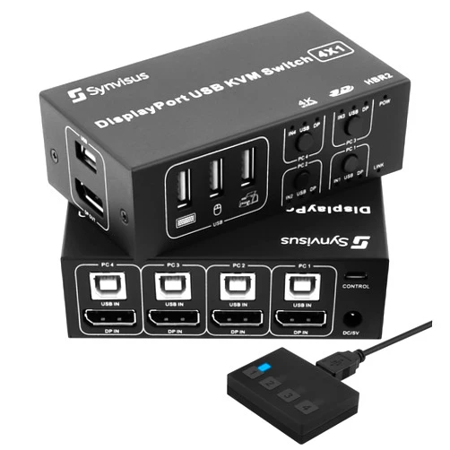 Synvisus DisplayPort KVM Switch 4 Port 3D UHD 4K@60Hz, 2K@120Hz 4 in 1 Out USB and DP1.2 KVM Switcher, with 4 USB Cables-Upgraded Version