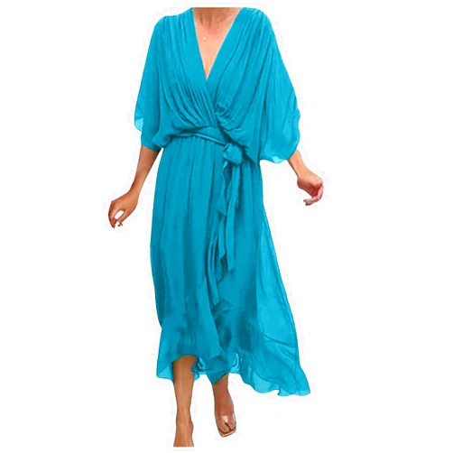 Eduavar Maxi Dress for Women 2024, Summer Dresses for Women Casual V Neck Lace-up Bat Sleeve Flowy Irregular Long Dress