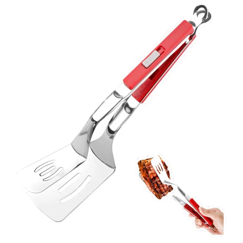 Jrsoul He Anti-Scald Extended Handle Spatula Tongs 11.6 Inch Multifunctional Stainless Steel Cooking Tongs Food Shovel Clamp for Flipping Steak Fish Bread Hamburger BBQ Frying Pancake Pies Pizza