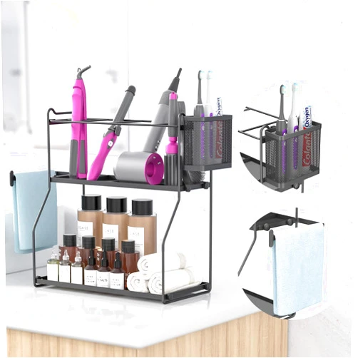 CLESOO 2-in-1 Bathroom Countertop Organizer - Multifunctional Countertop Shelf with Basket and Toilet Paper Holder - Bathroom and Kitchen Organizer for Hair Dryer, Cosmetics and Toiletries