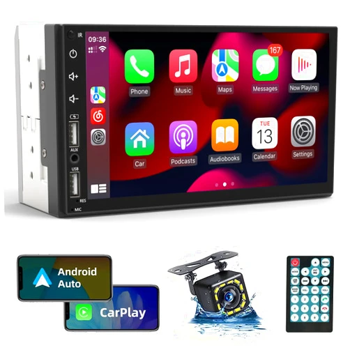 Leadfan Double Din Car Stereo Radio Support Apple Carplay&Android Auto, 7inch HD Touchscreen Double Din Radio with Bluetooth, Car Audio Receivers, Camera, MirrorLink, FM Radio, 2 USB/TF/AUX/Subwoofer