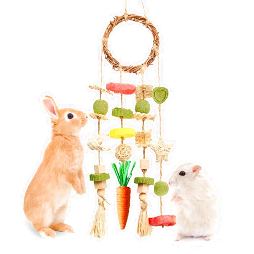 Jorewood Rabbit Chew Toys Bunny Cage Hanging Toy and Treats Rattan Ring with Snacks for Rodent Pets Teeth Healthy