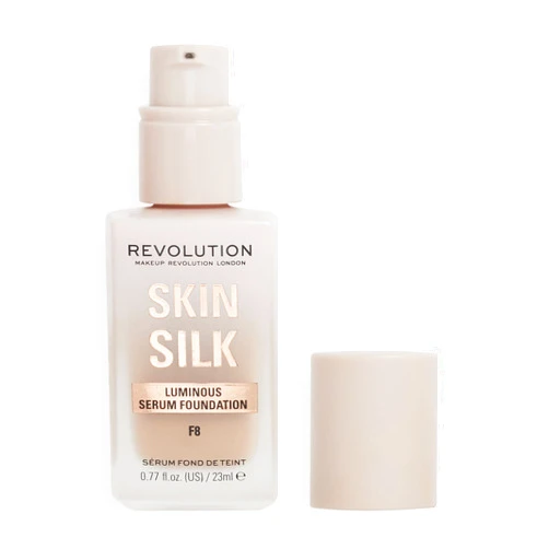Makeup Revolution Revolution Beauty, Skin Silk Serum Foundation, Light to Medium Coverage, Lightweight & Radiant Finish, Contains Hyaluronic Acid, F8 Medium Skin Tones, 0.77 Fl. Oz.