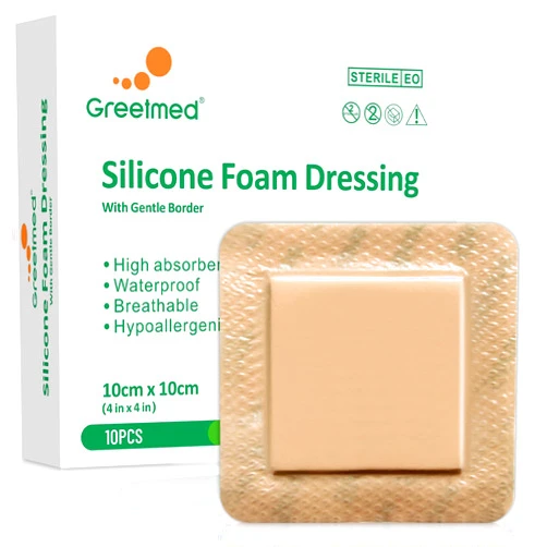 Greetmed Silicone Foam Dressing 4x4 Inch with Border, 10 Pack Adhesive Large Waterproof Bandages for Wound, High Absorbency Big Foam Pad Bandaids, Medical Grade Wound Dressing