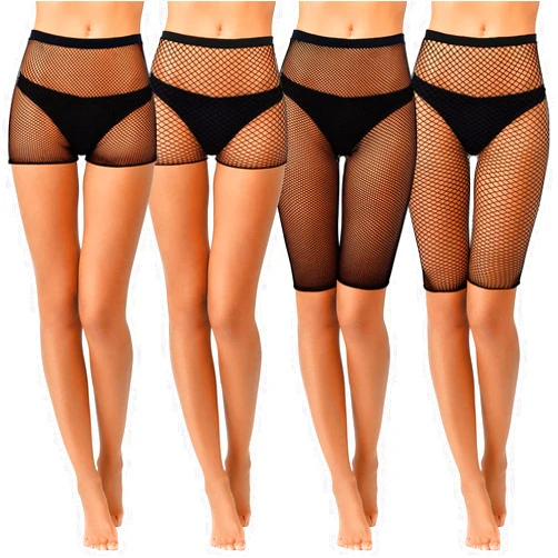 Geyoga 4 Pcs Fishnet Shorts Fishnet Biker Short High Waisted See Through Elastic Mesh Shorts for Women, 4 Styles