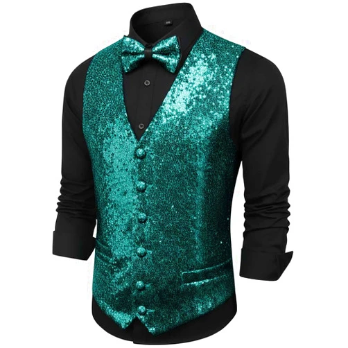 TiepTeer Sequin Vest for Men Slim Fit V Neck Sparkly Waistcoat Bowtie Set Wedding Prom Party Tuxedo Vests