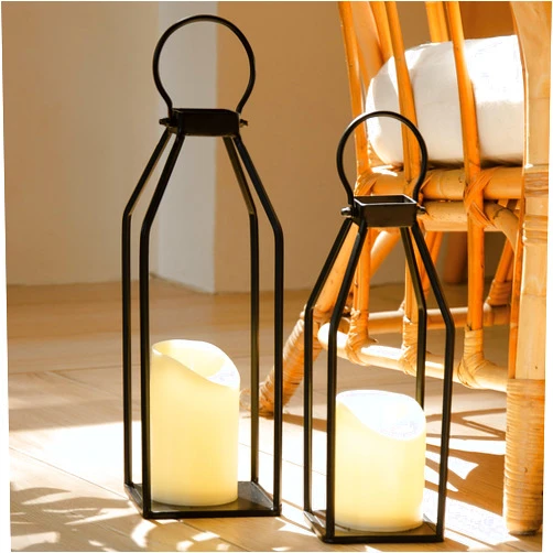 Perfnique Modern Farmhouse Lantern Decor, 15'' 13'' Set of 2 Black Metal Lanterns, 2 LED 6hr Timer Flickering Flameless Candles, Lanterns Decorative for Outdoor Decor, Home, Indoor, Patio