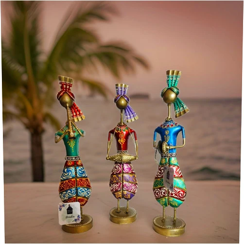 PARIJATA 9.5 inch Handmade Set of 3 Jodhpur Metal Handicraft Statues | Handmade Figurines for Home or Office Decor | Indian Home Accents and Collectibles | Small Metal Sculptures for Shelf Display