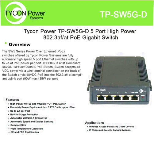 Tycon Systems TP-SW5G-D 5 PORT HIGH POWER POE 10/100/1000BASET S