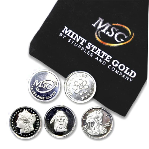 MINT STATE GOLD Five (5) One Gram .999 Pure Silver Rounds with Random Designs in a Jewelry Pouch by Mint State Gold