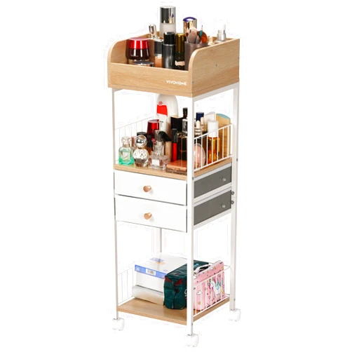 VIVOHOME Makeup Organizer with Drawers, Cosmetics Display Cases, 2 Shelves Floor Skincare Organizer Cart, Vanity Organizer Holder for Perfumes, Nail Polish, Hair Tools, Gift for Mom, Wood Color