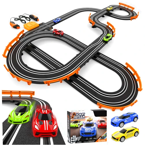 Wupuaait Slot Car Race Track Sets with 4 High-Speed Slot Cars, Battery or Electric Car Track, Dual Racing Game Lap Counter Circular Overpass Track, Gifts Toys for Boys Kids Age 6 7 8-12