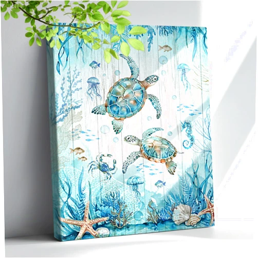 Yrivto Nautical Beach Sea Turtle Bathroom Decor Wall Art Ocean Sea Turtle Paintings Artwork for Walls Teal Beach Theme Decor Pictures Prints Framed Decorations for Bedroom Bathroom Kitchen Home Decor 12