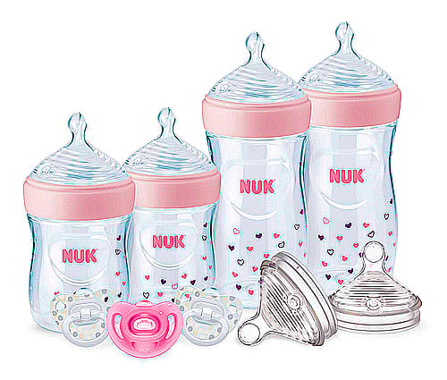 NUK Simply Natural Baby Bottles with SafeTemp Gift Set - Includes 4 Bottles, 3 Pacifiers, and 2 Replacement Bottle Nipples Gift Set New W/ Safe Temp Pink