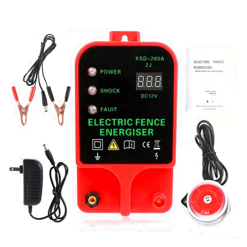 VQP 10KM 2J Portable Electric Fence Energizer, Waterproof Fence Charger for Livestock Cattle Horse, AC or Battery Powered, Alarm Function