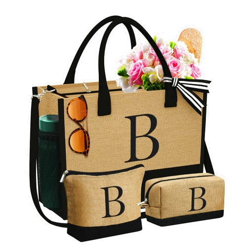 YOOLIFE Mothers Day Gifts - Initial Jute Tote Bag & 2 Makeup Bags Personalized Gifts for Women Teacher Mom Friend Birthday
