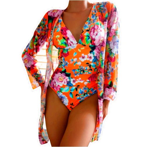Kiosan Women Bikini Set Cover Up 3 Piece Swimsuit Floral Kimono Triangle Top Knotted Front High Waisted Bottom Swimwear Skirt