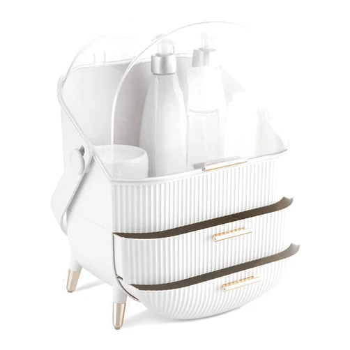 Navaris Makeup Organizer Storage Box - Cosmetics, Skincare and Beauty Case with Clear Lid Display and 2 Drawers - Bathroom Counter or Vanity - White