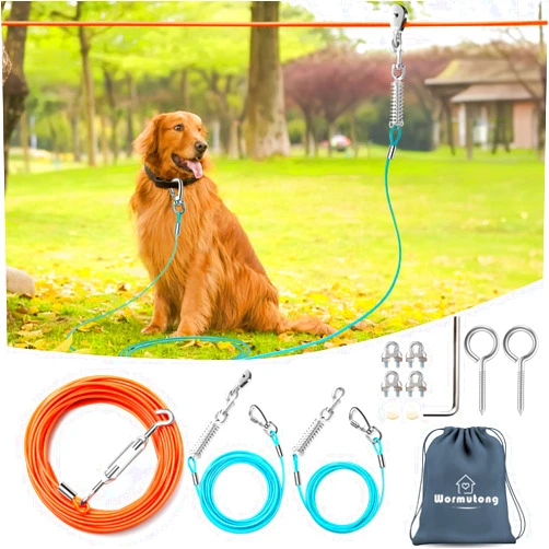 Wormutong Upgraded Dog Runner for Yard, Heavy Duty Dog Trolley System 100ft with 10ft & 15ft Tie Out Cable, Outdoor Dog Lead for Large Dogs Up to 250lbs, Long Dog Leash Cable for Outside Camping, Backyard, Park