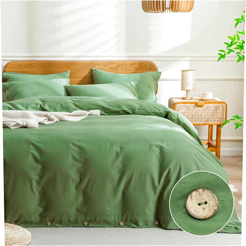 JELLYMONI Cotton Duvet Cover Queen Size - Green Comforter Cover with Button 100% Washed Cotton 3PCS Breathable Soft Solid Bedding Set Duvet Cover 90×90in & 2 Pillowcases (NO Comforter)