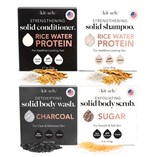 Kitsch 4-Piece Bar Set - Rice Water Shampoo & Conditioner Bars, Charcoal Body Soap Bar, Sugar Scrub Bar - Solid Bars w/Castor Oil & Coconut Oil - Vegan, Paraben & Sulfate Free, Hair & Body Care