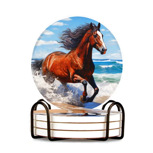 BaHomeck Ceramic Drink Coasters with Holder,Galloping Horses Riding The Sea Waves Water Absorbent Marble Tabletop Protection (Cork Base),Set of 4,Suitable for Various Mugs,Home Decor，4 Inch