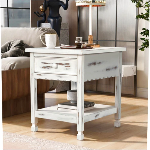 HAOHAOLIFE Retro Style End Table with 1 Drawer and 1 Open Shelf, 20 Inch Distressed Side Table with Wooden Frame, Space Saving Nightstand for Living Room, Bedroom, Kitchen, Office