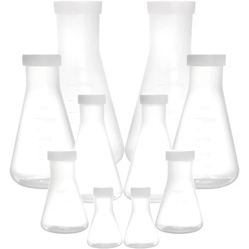Peohud Set of 10 Scientific Plastic Erlenmeyer Flasks, Narrow Mouth Erlenmeyer with Screw Caps, Lab Erlenmeyer Flask with Molded Graduations(50ml, 100ml, 250ml, 500ml, 1L)