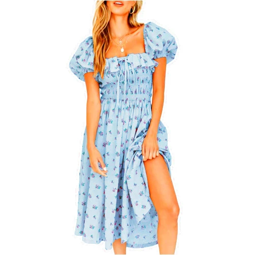 R.Vivimos Womens Summer Floral Print Puff Sleeves Vintage Ruffles Midi Dress
