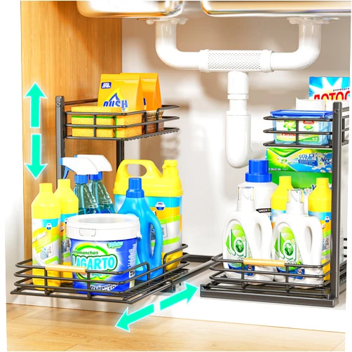 Delamu Under Sink Organizers and Storage, 2 Pack Under Kitchen Sink Organizer, Height Adjustable Bathroom Cabinet Organizer, Pull out Under Cabinet Organizer and Storage, Black