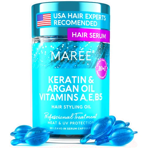 MAREE Hair Serum for Frizzy and Damaged Hair - Keratin Styling & Moisturizing Oil Capsules with Avocado, Jojoba & Argan Oil - Leave-in Anti Frizz Hair Serum Vitamins A, E & B5, Gotas Para El Cabello