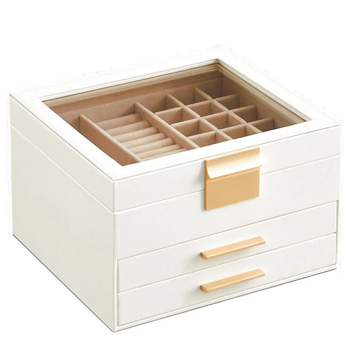 SONGMICS Jewelry Box with Glass Lid, 3-Layer Jewelry Organizer, 2 Drawers, for Big and Small Jewelry, Jewelry Storage, Modern Style, 8 x 9.1 x 5.3 Inches, Cloud White and Gold Color UJBC239WT