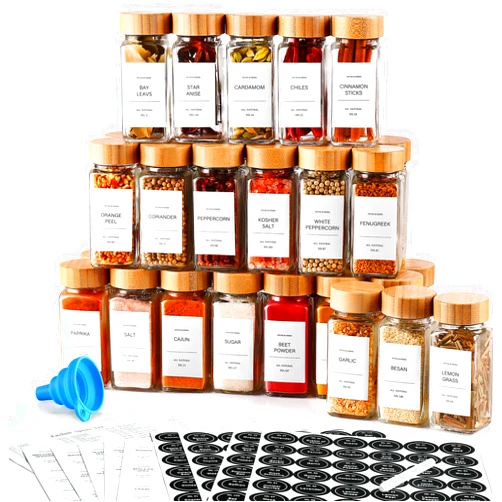DWTS DANWEITESI 36 Pcs Glass Spice Jars - 4oz With Bamboo Lids, Empty Bottles With Labels, Kitchen Spice Jars With Shaker Lids