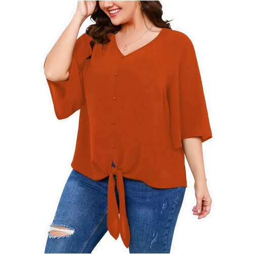 SCOMCHIC Women's Plus Size Blouses V Neck Tops 3/4 Sleeve Tie Knot Casual False Button Down Shirts XL-5XL
