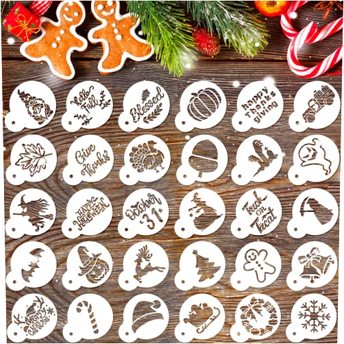 Marspark 30 Pieces Christmas Thanksgiving Halloween Cookie Stencils Thanksgiving Christmas Stencils Reusable Cake Stencils and Templates DIY Baking Templates Holiday Cake Stencil for Food Dessert Craft