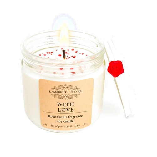 LAMARION'S BAZAAR With Love - Rose and Vanilla Fragrance Soy Candle - Unique Large Soy Candle with a Red Rose Decor and red Crystals inside- Boxed