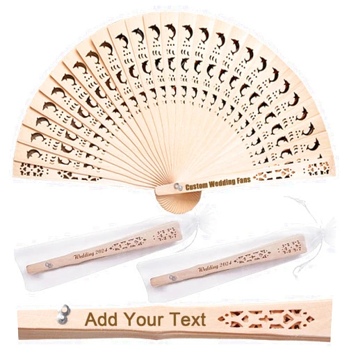 Generic 50pcs Personalized Folding Hand Fans, Custom Sandalwood Handheld Fans Bulk Wooden Wedding Fans, Vintage Hollow Carved Fans for Wedding Decoration Party Gifts (Style E)
