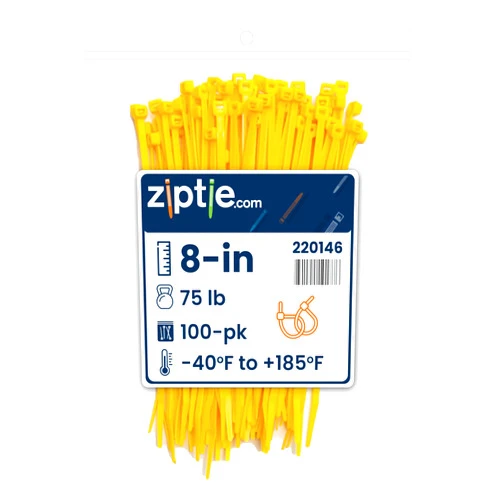 ZipTie.com 8-Inch Hi-Vis Yellow Nylon Multi-Purpose Zip Ties - 75-lb Tensile Strength Cord Management - UL 21S Listed Tie Wraps - Indoor Multi-Purpose (100-Pack)