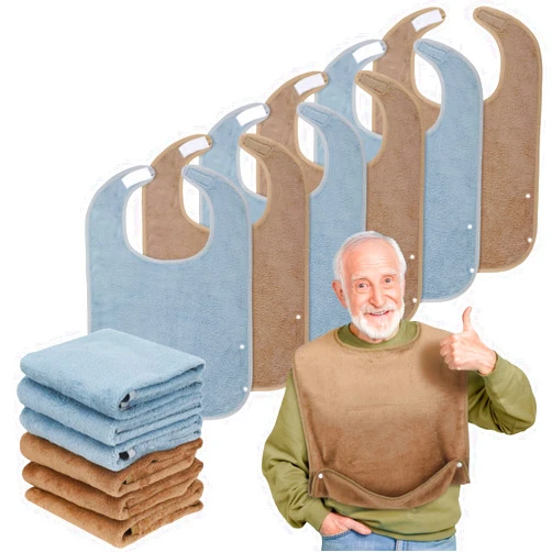 Threlaco 6 Pack Adult Bibs for Men and Women Elderly Senior Washable Clothing Protector with Crumb Catcher Large Towel Bibs for Special Needs Adult and Disabled Adjustable Reusable