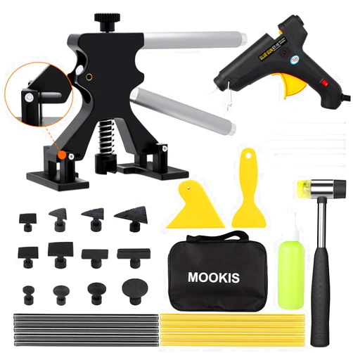 Mookis 34 PCS Dent Removal Kit Adjustable Width Paintless Dent Repair Kit Car Dent Puller with Puller Lifter, Glue Gun and Carry Bag for Moto and Auto Body Dent Removal