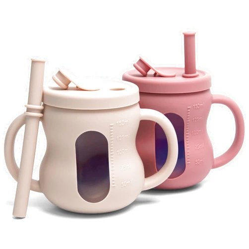 XPECIAL 100% Silicone Baby Training Cup 2PCS See-through Toddler 5OZ Straw Drinking Sippy Cups for Infants 6 Months+ (Pink and Beige)