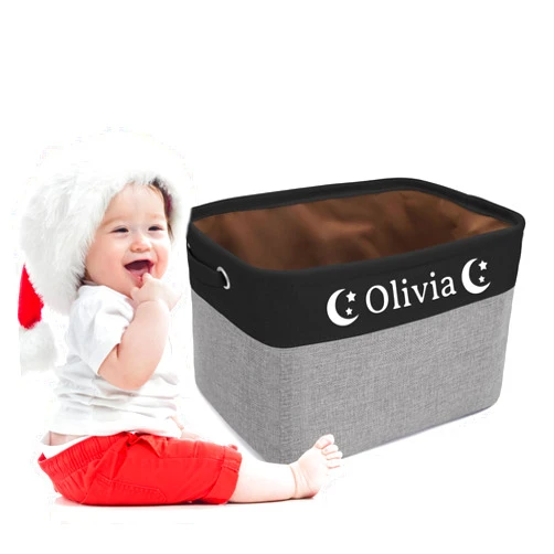 Atdesk Personalized Kids Toy Box with Name & Icon, Rectangle Toy Bin with Handles for Kids, Baby, Boys, Girls, Collapsible Storage Basket for Organizing Kids Toys, Clothes, Books( Black)