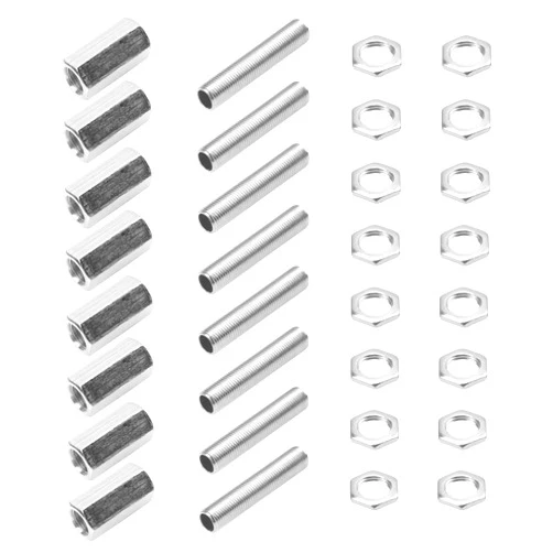 Rrina 8 Sets M10 Lamp Pipe Repair Parts Kits, M10x30 Hexagon Coupling Nut, M10x50 All Thread Lamp Pipe Nipples, M10 Hex Lock Nut(Hexagon)