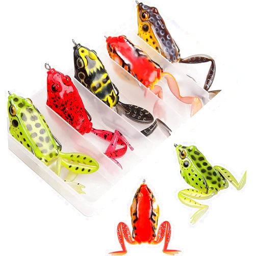SILANON Topwater Frog Lures,Soft Freshwater Fishing Lure Kit Hollow Body Frog Lure with Double Sharp Hooks Tackle Box for Bass Pike Snakehead Dogfish 5 Colors