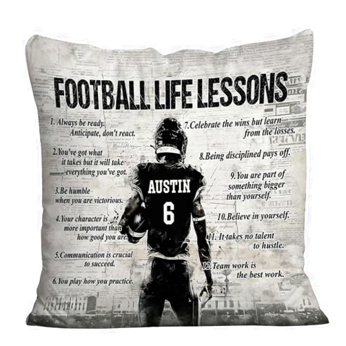 84WONDER Personalized Football Life Lessons Pillow, Gift for American Football Lovers, Personalized Motivational Football Pillows, Inspirational Quotes Pillows Custom Name, Football-Themed Room Decor